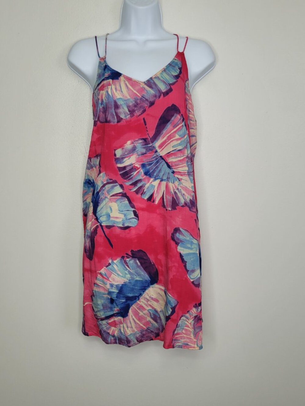 Floret pink blue tropical print back strappy back mini beach dress
